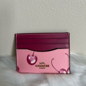 Coach Slim Id Card Case With Cherry Print- Pink.